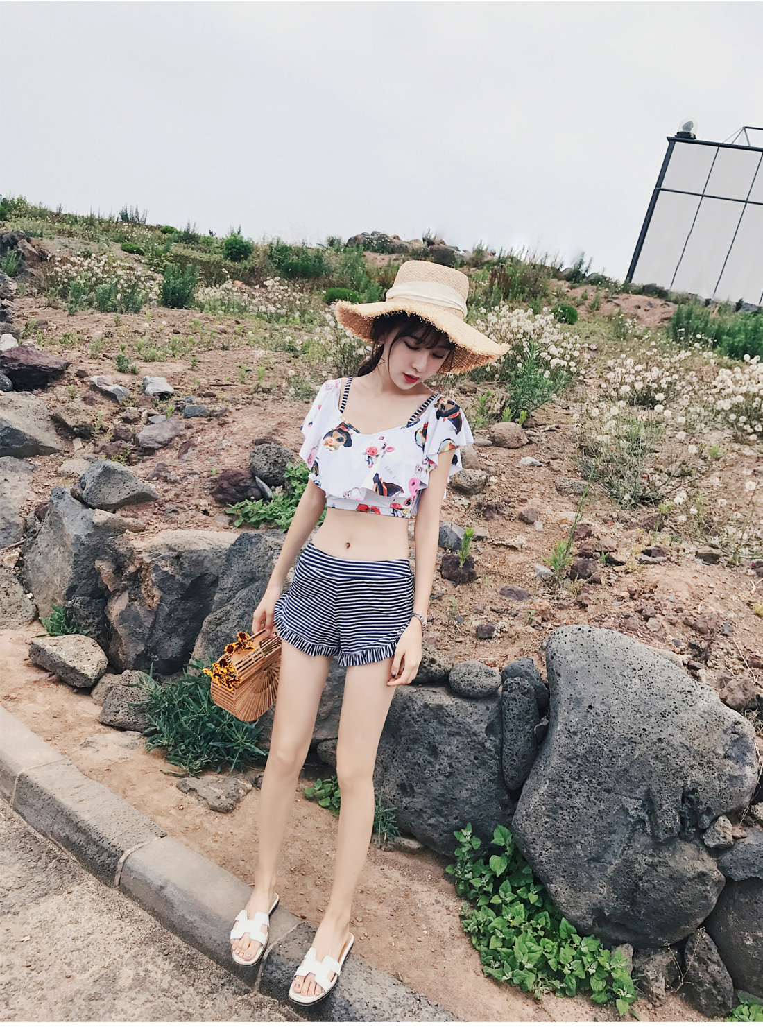 Chia áo tắm nữ sinh viên bảo thủ Cô gái Hàn Quốc buông vai che bụng là áo tắm mỏng mùa hè - Bộ đồ bơi hai mảnh áo 2 mảnh