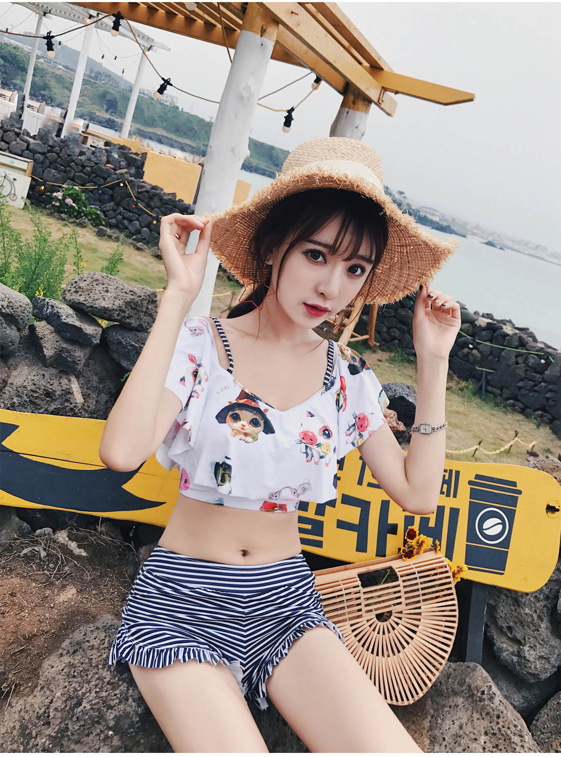 Chia áo tắm nữ sinh viên bảo thủ Cô gái Hàn Quốc buông vai che bụng là áo tắm mỏng mùa hè - Bộ đồ bơi hai mảnh áo 2 mảnh