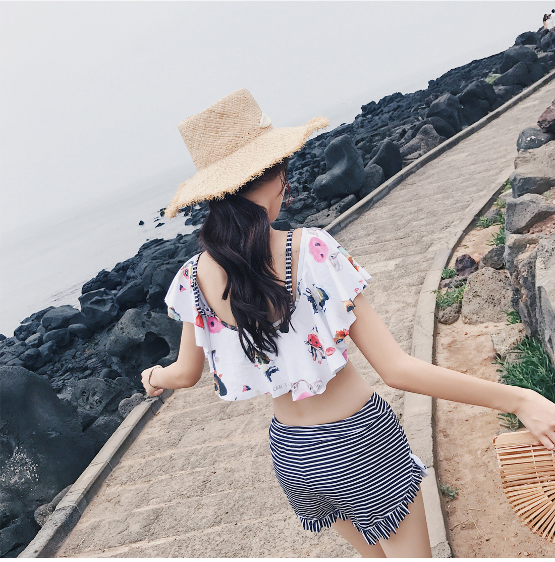 Chia áo tắm nữ sinh viên bảo thủ Cô gái Hàn Quốc buông vai che bụng là áo tắm mỏng mùa hè - Bộ đồ bơi hai mảnh áo 2 mảnh