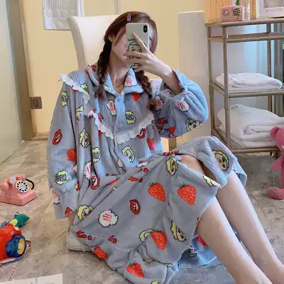 Coral velvet robe women's autumn and winter extended Korean student ins sweet and cute pajamas bathrobe nightgown