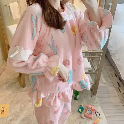Coral velvet pajamas women's autumn and winter thickened plus velvet Korean cute sweet student Princess flannel home clothes
