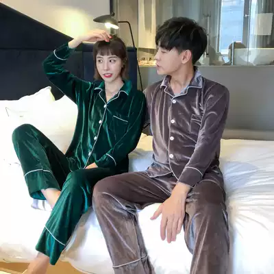 Couple pajamas Women's autumn and winter gold velvet Korean version of women's suit pajamas men's spring and autumn plus size home clothes thin section