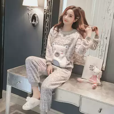 Coral velvet pajamas women's autumn and winter thickened velvet long sleeve suit two-piece cute student flannel home wear