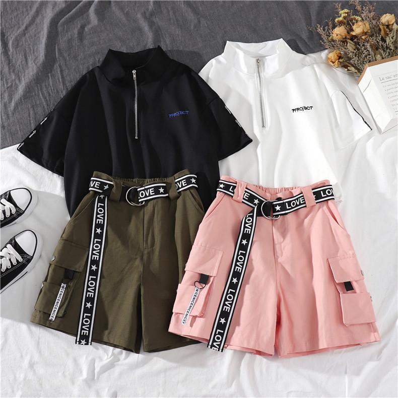 Комплект, короткая черная футболка с коротким рукавом, штаны для девушки 