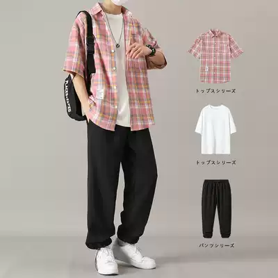 Short-sleeved shirt boys summer casual plaid jacket Hong Kong style handsome suit trendy men's set with handsome