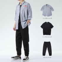 Short sleeve casual striped shirt men Korean trend handsome summer mens seven-point sleeve shirt jacket