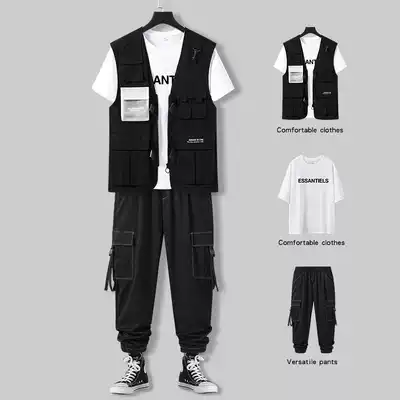 Summer men's tooling suit fashion trend brand ruffian handsome casual men's suit with handsome functional style three-piece suit