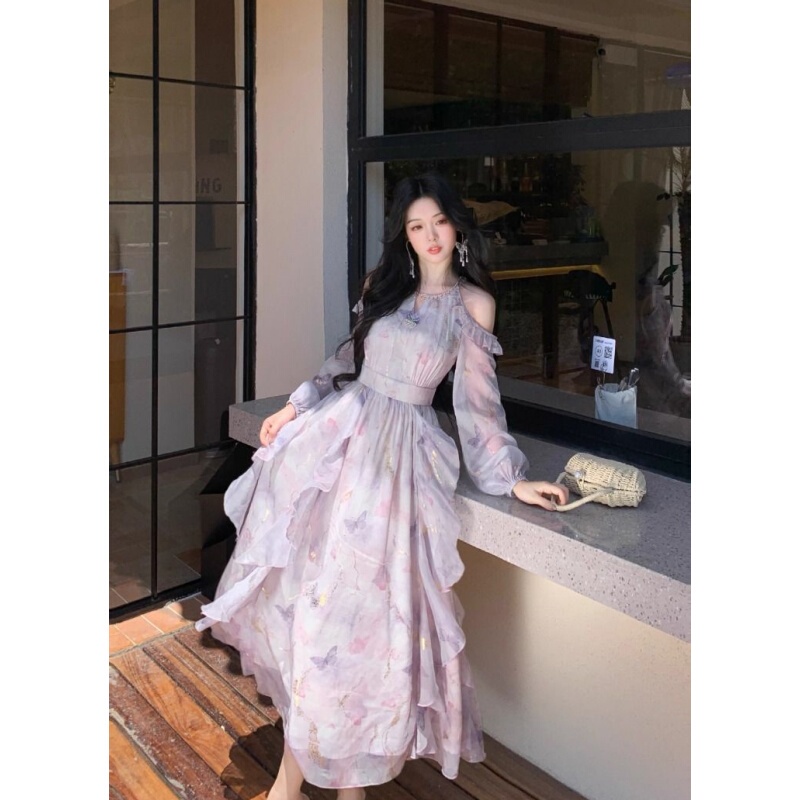 Irregular Ruffled Off-Shoulder Dress for Women, Summer High-End French Long-Sleeved Bow-Knot Printed Flowing Long Dress Irregular Ruffled Off-Shoulder Dress for Women, Summer High-End French Long-Sleeved Bow-Knot Printed Flowing Long Dress
