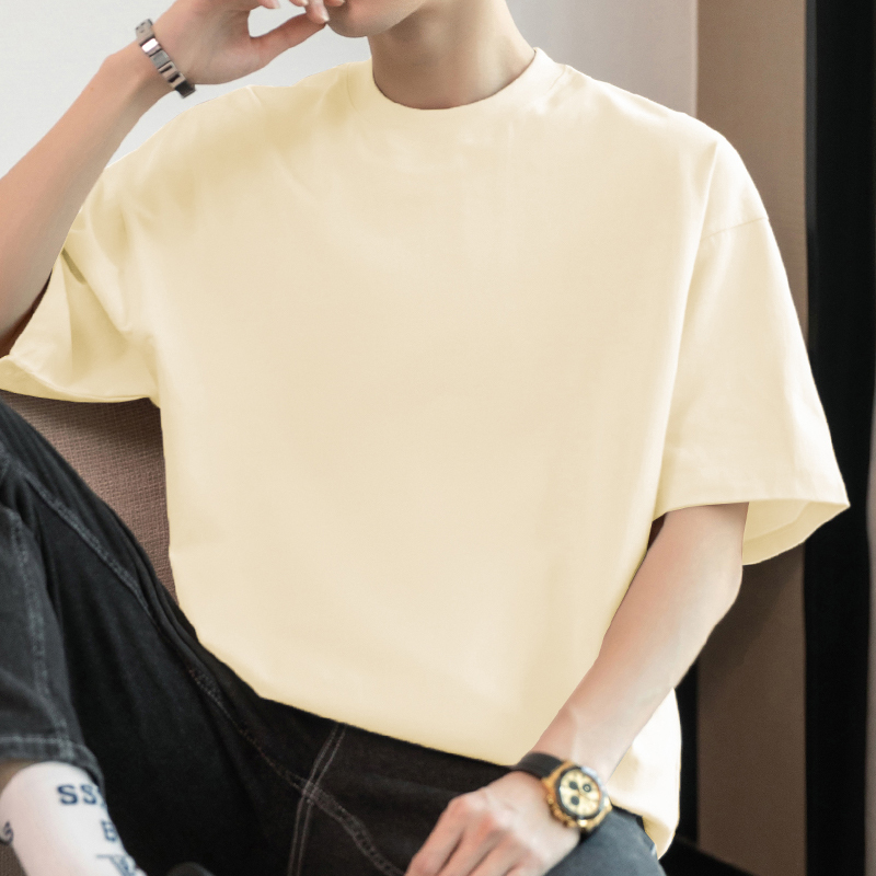 260g Heavyweight Pure Cotton T-Shirt for Men, Short-Sleeved, American-Style Loose Fit, Solid Color Top, Trendy Crew Neck, All-Cotton Half-Sleeve