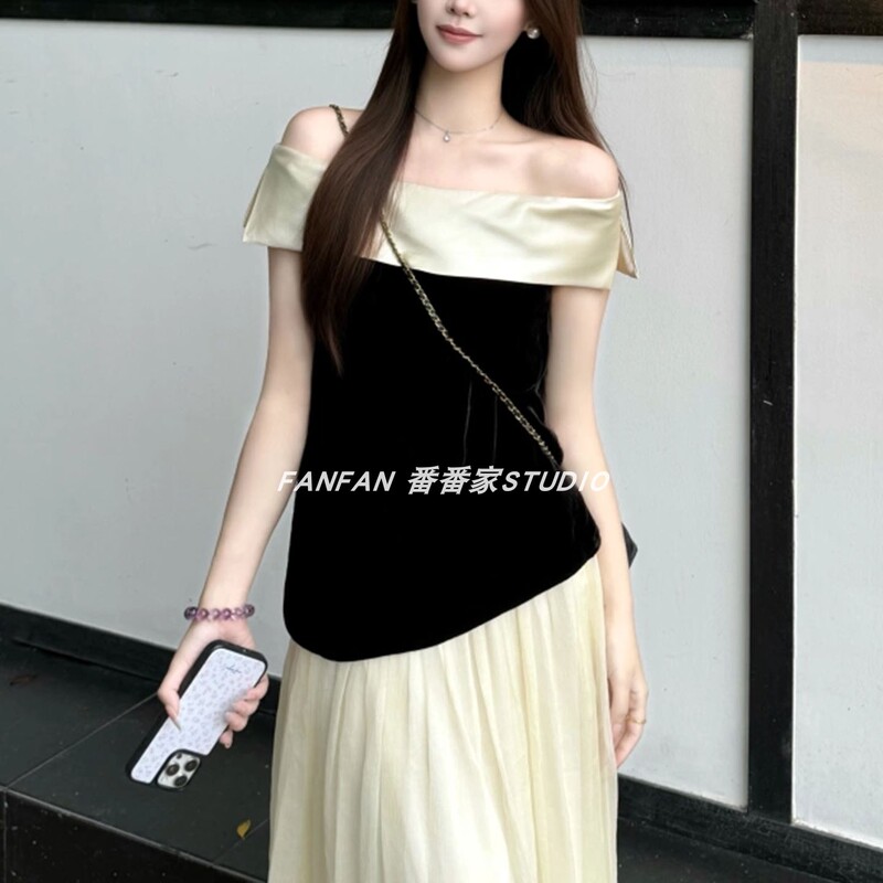 Lee Hui'Er [Xixifu Palace] Summer Dark Black Patchwork Silk Velvet Slim Fit H-Line Tank Top Asymmetrical Shoulder Blouse for Women