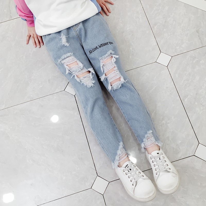 Girls ' jeans spring and autumn holes for primary school students 6 spring 8 loose Foreign school children's spring 7 children's pants 