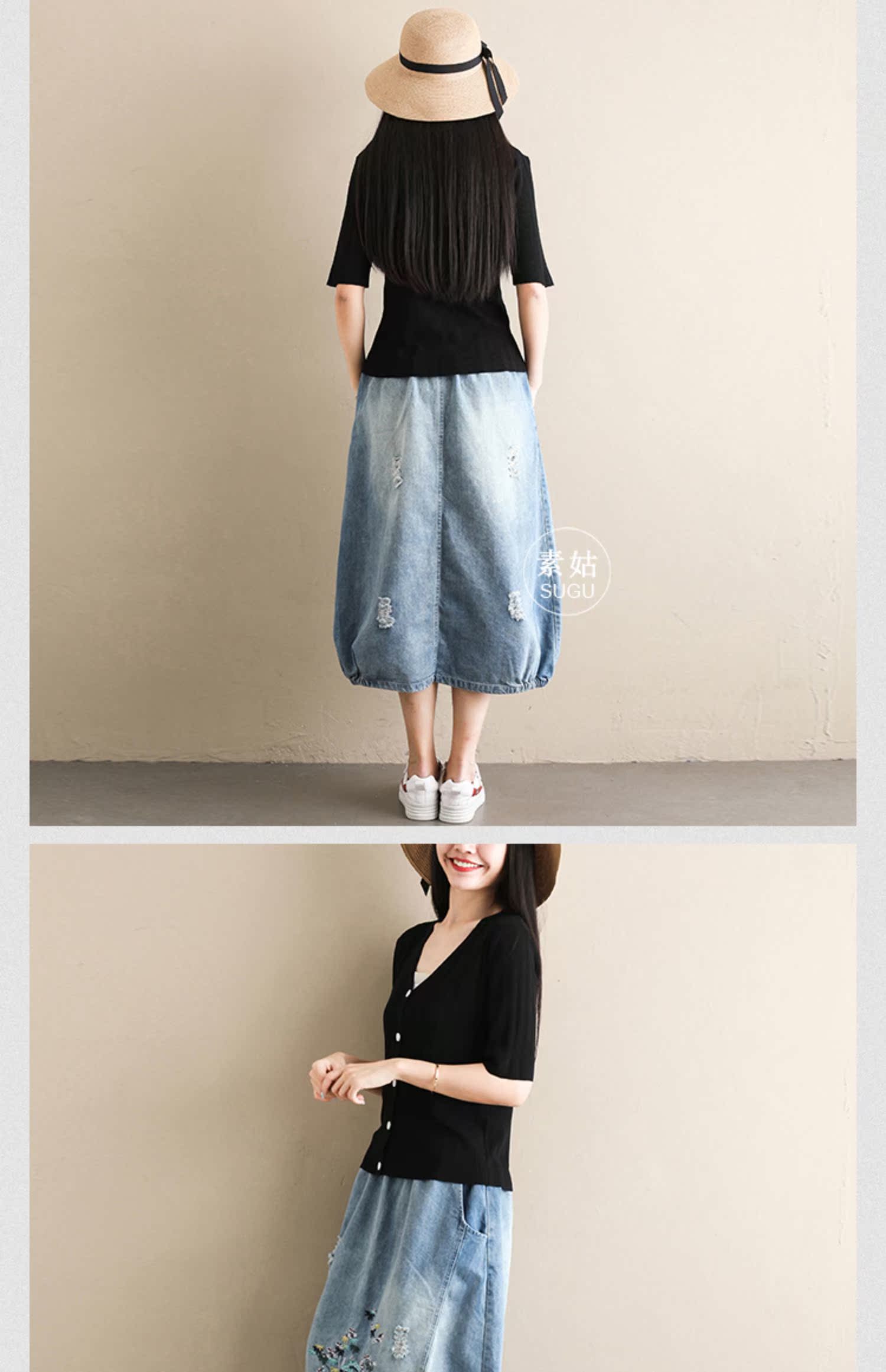 Váy Su Su denim nữ 2019 mới xuân hè cao eo co giãn hoa váy váy phiên bản Hàn Quốc của váy dài mỏng - Váy chân váy xẻ tà