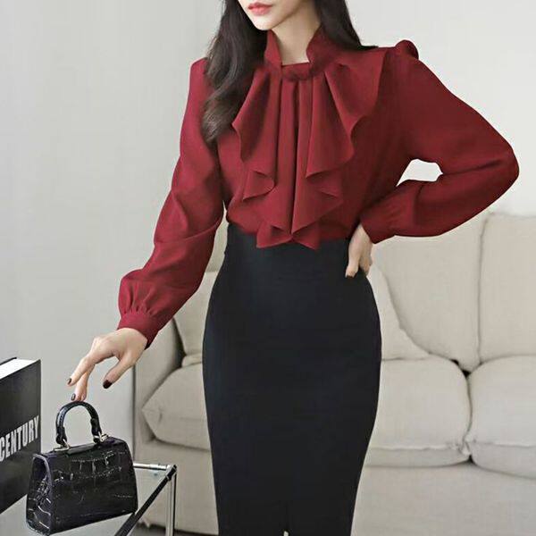 Half-height neck symmetrical ruffled shirt versatile commuter Korea Fall/Winter 2022 new