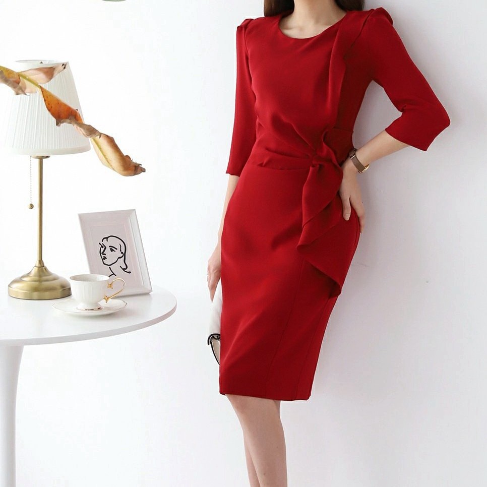 One-sided lotus leaf drop edge does not show belly cover lower abdomen 7 minutes sleeve dress OL commuter occupation Korean spring