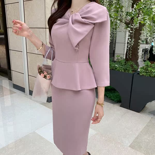 Chic Design Big Bow Knot Fake Two-Piece Dress 8 Minute Sleeve Commuting Korea Autumn New Style