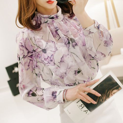 Big Flowers Half High Collar Snowspinning Shirt Women's Bottom Blouse 100 Hitch Career Positive Dress Commuter OL White Collar Korea