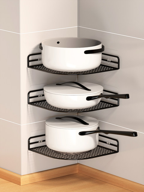 Corner Kitchen Storage Rack, No-Drill Wall-Mounted Pot Storage Rack, Household Wall Corner Right-Angle Layered Pot Rack