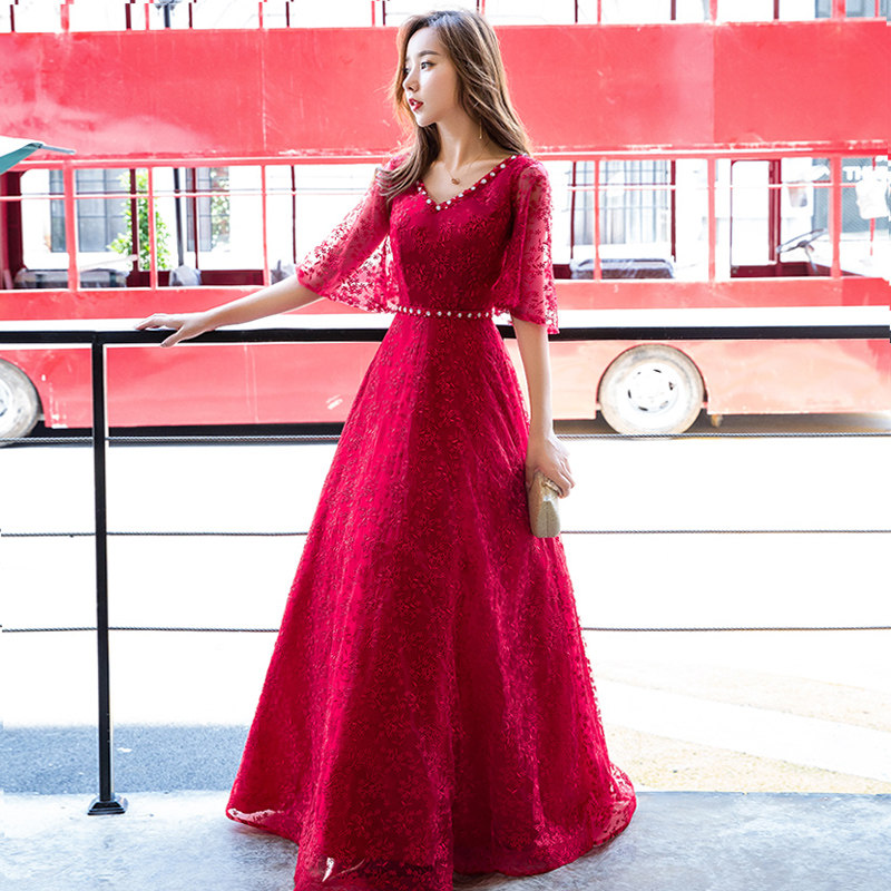 Bridal toast with 2022 new spring and autumn long sleeves wine red with slim wedding gown The woman Qingkura does not deback