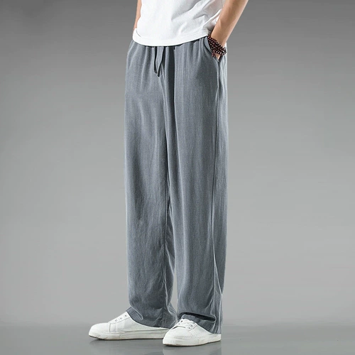 Штаны, осенние, китайский стиль, из хлопка и льна, оверсайз, свободный прямой крой