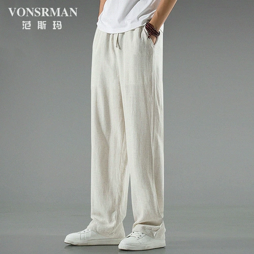 Штаны, осенние, китайский стиль, из хлопка и льна, оверсайз, свободный прямой крой
