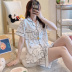 Màu hồng dâu bông đồ ngủ womens mùa hè cardigan ngắn tay áo bộ sinh viên mùa xuân và mùa thu lỏng quần áo gia đình mỏng có thể mòn bên ngoài. 