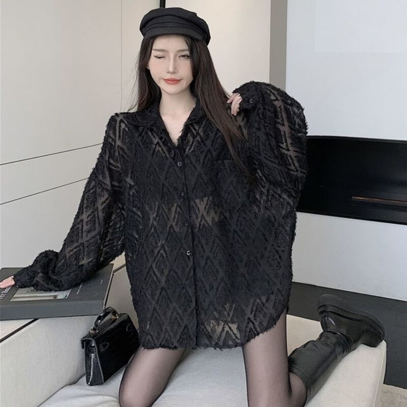 Black Lace Shirt for Women, Unique Design, Sexy and Elegant, Preppy Style, Mid-Length Loose Top
