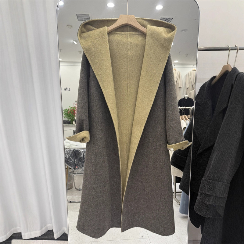 New Dongdaemun Wool Coat, Double-Sided Long Style, Ab Side Double-Sided Color, Hooded Bathrobe with Belt, Elegant 2025 Design