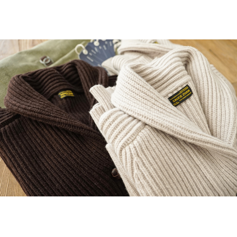 Heavy Wool Cardigan Sweater, High-End Wool Style, Autumn and Winter Green Collar, American Retro Khaki
