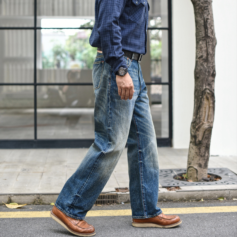 Dip-Dyed 344Xx Loose Washed Denim Jeans for Men, Workwear Straight-Leg Pants, Vintage Distressed Ame-Style Khaki Selvedge Denim