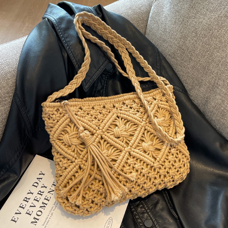 Bohemian Cotton Woven Bag 2026 Summer Fashion Single Shoulder Crossbody Bag Seaside Vacation Beach Woven Small Bag