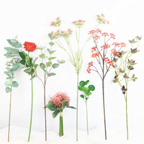  Simulation flower with grass flower arrangement Red system with home living room dining room decoration decoration Wedding floral silk flower fake flower