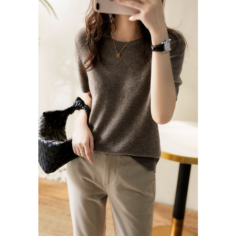 Smile Han Ge い thin wool cashmere pullover short sleeves loose early autumn knit shirt tops women ZYU360130AG