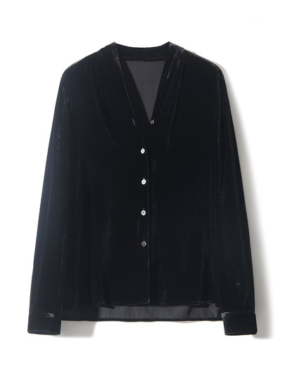 The Xiaohan Pavilion Elegant and Luxurious Silk Velvet V-Neck Single-Breasted Shirt Top for Women Sye860791Ag