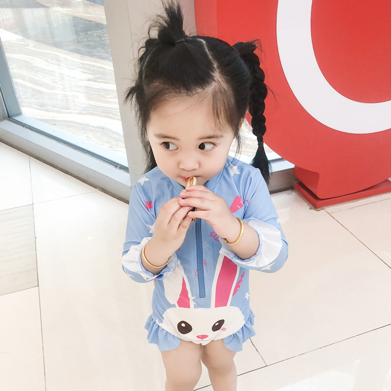 Áo tắm trẻ em Hàn Quốc, hình cô gái thỏ phiên bản Hàn Quốc của áo tắm liền tay ấm áp mùa xuân nóng bỏng phù hợp với thủy triều - Bộ đồ bơi của Kid đồ bơi trẻ em nữ