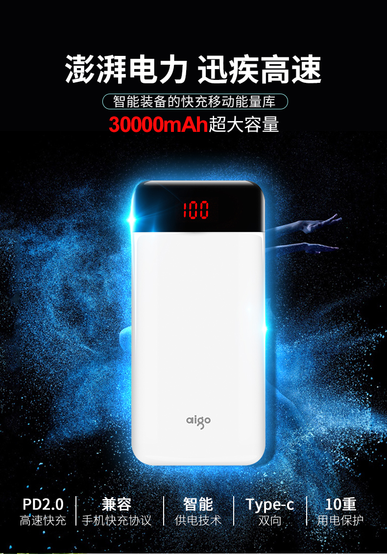 Aigo 愛(ài)國(guó)者 20WPD快充充電寶 30000毫安79.4元包郵（雙重優(yōu)惠）