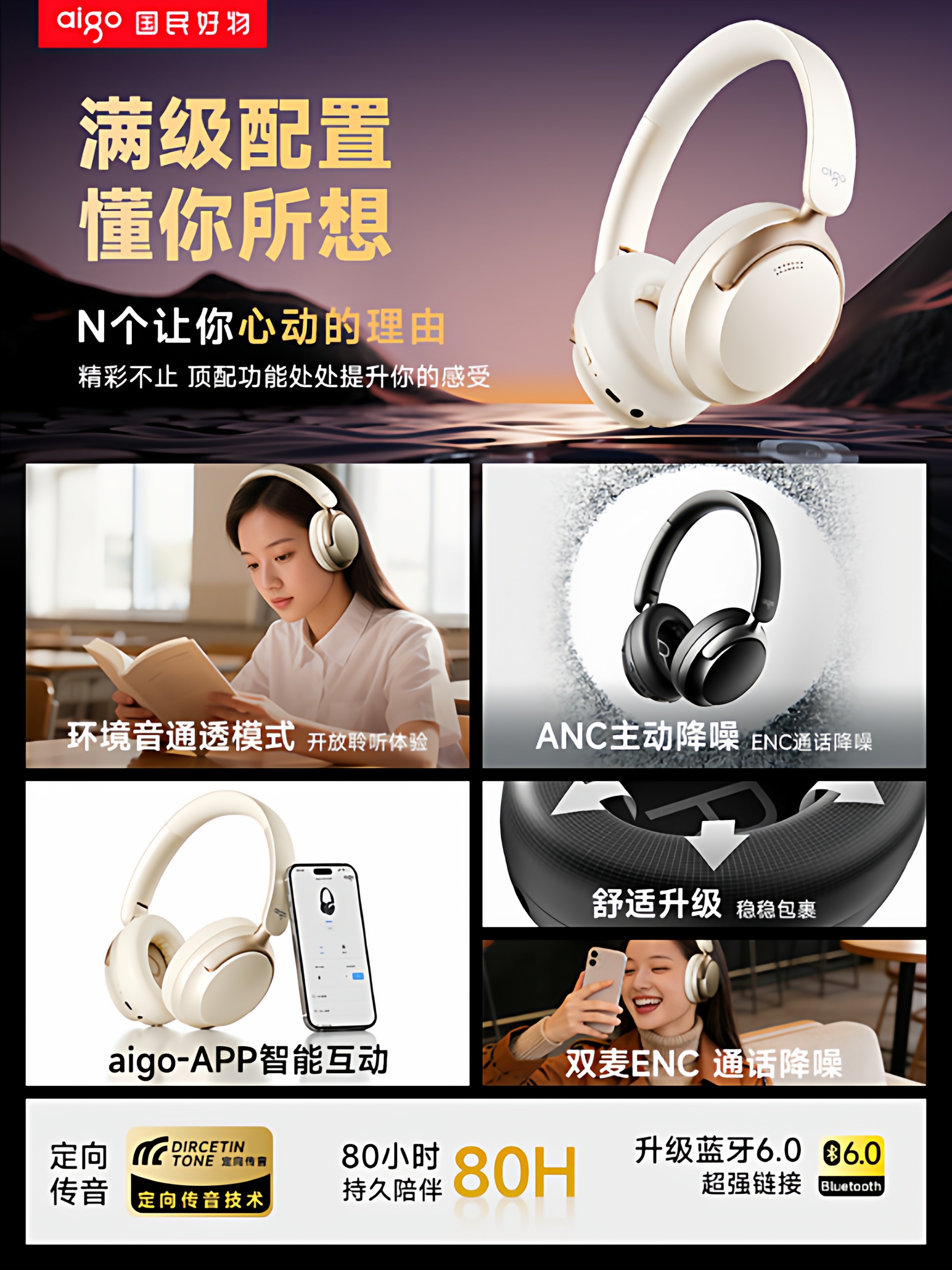 Patriot Head-Mounted Bluetooth Headset Anc Active Noise Reduction Wireless New Model for E-Sports Games with Ultra-Long Battery Life