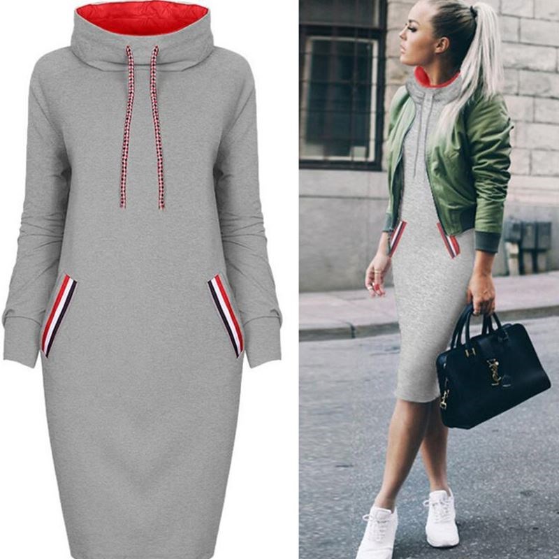 European and American wind long version of pocket high collar upfront clothing dress lady autumn Long hoodie sweater women