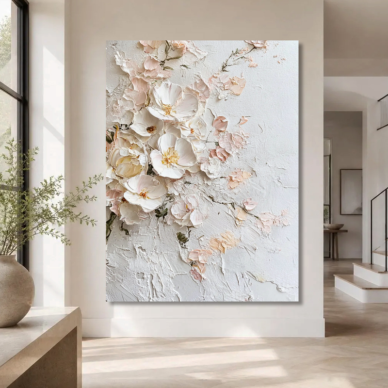 Hand-Painted Oil Painting of Blooming Flowers in Dafen Village, Decorative Painting for Entrance, High-End Living Room Background Wall, Cream-Style Texture Painting