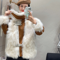 2022 New Haining Fur Coat Women Korean Style Fox Fur Collar White Goose Down Insert Fur Coat Winter Motorcycle Wind