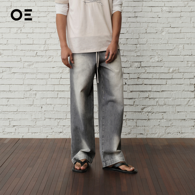 Organic Emotion Straight-Leg Ink-Printed Washed Gradient Ice Blue Jeans Oe [Celebrity Style]
