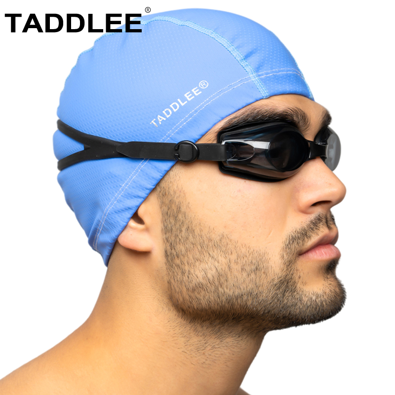 TADDLEE swimming cap men's waterproof non-straight head big head circumference PU solid color swimming cap high-elastic sports equipment set