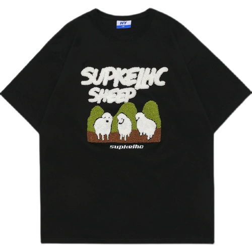 Бархатная футболка с коротким рукавом в стиле хип-хоп для влюбленных, в американском стиле, с вышивкой