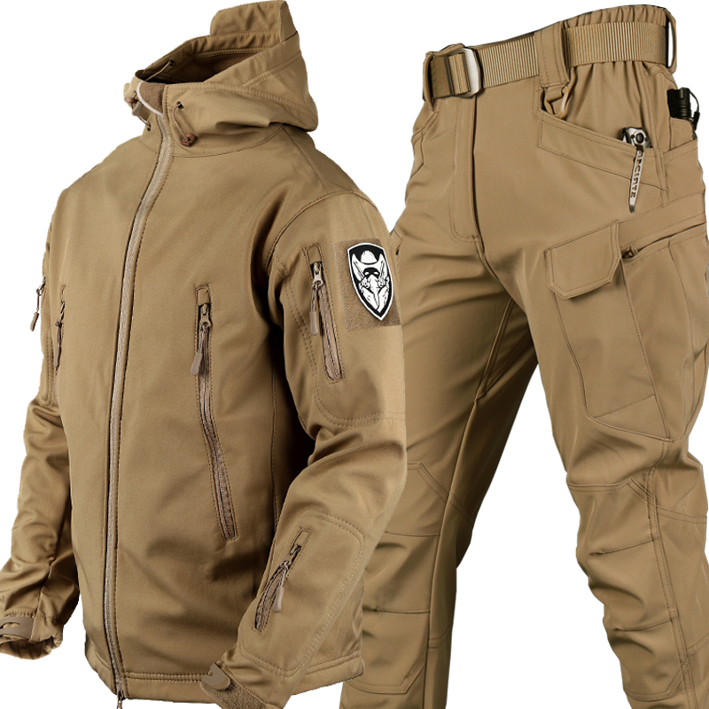 Outdoor Sharkskin Softshell Jacket Set for Men, Windproof Military Version Tactical Jacket, Winter Fleece-Lined and Thickened Mountaineering Clothing Outdoor Sharkskin Softshell Jacket Set for Men, Windproof Military Version Tactical Jacket, Winter Fleece-Lined and Thickened Mountaineering Clothing
