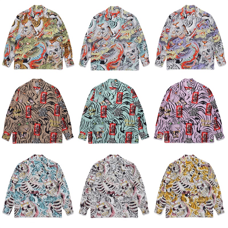 Jiangxin Black Eye Band Collaboration Blackeyepatch Tiger Skull Dragon Hawaiian Long Sleeve Shirt for Men