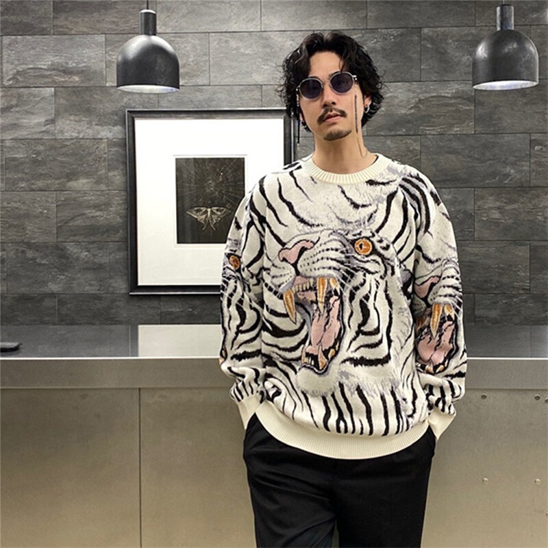 Jiangxin 22Ss New Timleh Tiger Totem Pure Cotton Jacquard Crew Neck Sweater Knitted V-Neck Cardigan