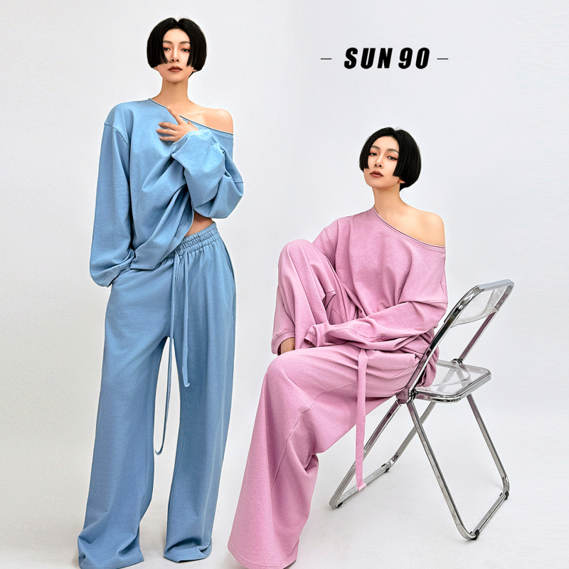 Sun90 Lazy Style Off-Shoulder Sweatshirt and Wide-Leg Pants Two-Piece Set for Women, Spring and Summer, Age-Reducing, Oversized, Relaxed Fit Set