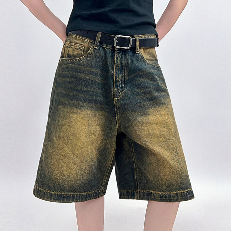 Sun90 Retro Yellow Mud Distressed Denim Shorts for Women, Dune Aesthetic Wasteland Style Summer High-Waisted Denim Shorts