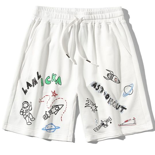 香港正品潮牌夏季男装涂鸦字母印花宇航员休闲运动五分裤针织短裤