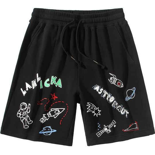 香港正品潮牌夏季男装涂鸦字母印花宇航员休闲运动五分裤针织短裤