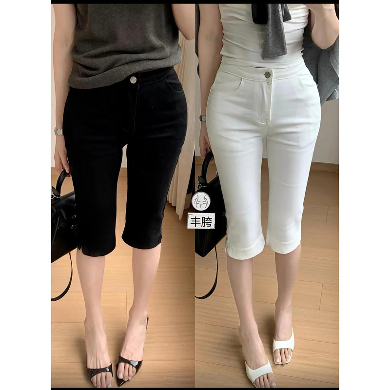 【Capri Pants】26Ss Elastic Mid-Length Pants with Built-In Hip Pads for Women, Side Slit Black Casual Leggings